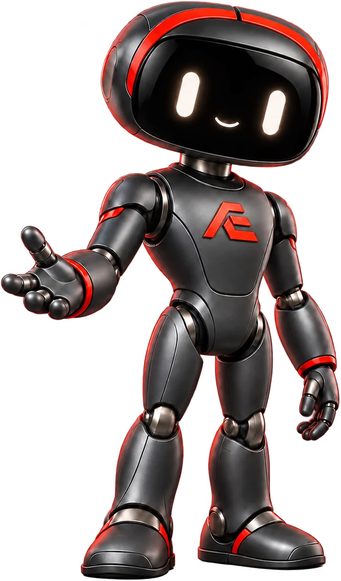 Empleado IA de AIEmpl: un robot de grafito con visor negro y casco con franja roja, que extiende la mano para saludar.